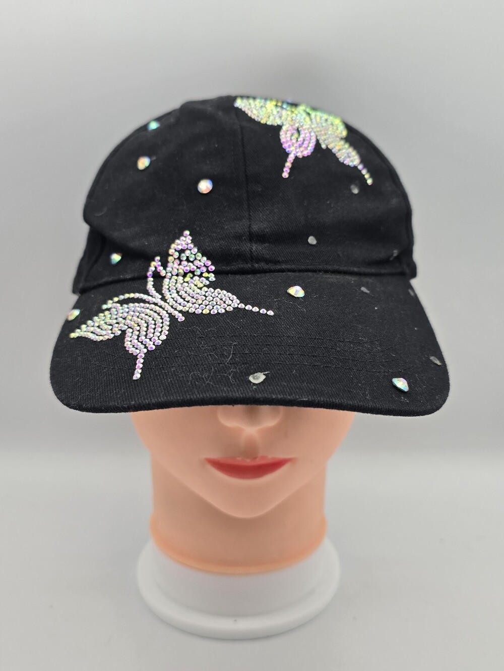 Women's Black Cotton Rhinestone Butterfly Adjustable Baseball Hat